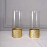 2-Pack Glass Cylinder Vases Honeycomb Design 12" Clear with Gold Base - Votive Tealight Wedding Centerpieces