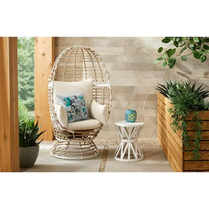 Rattan and White Wicker Outdoor Patio Egg Lounge Chair with Beige Cushions