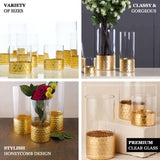 2-Pack Glass Cylinder Vases Honeycomb Design 12" Clear with Gold Base - Votive Tealight Wedding Centerpieces