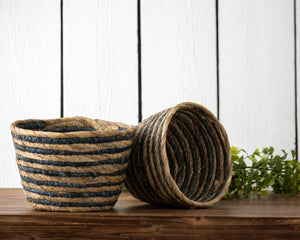 Set of 2 Blue Stripe Natural Baskets Small